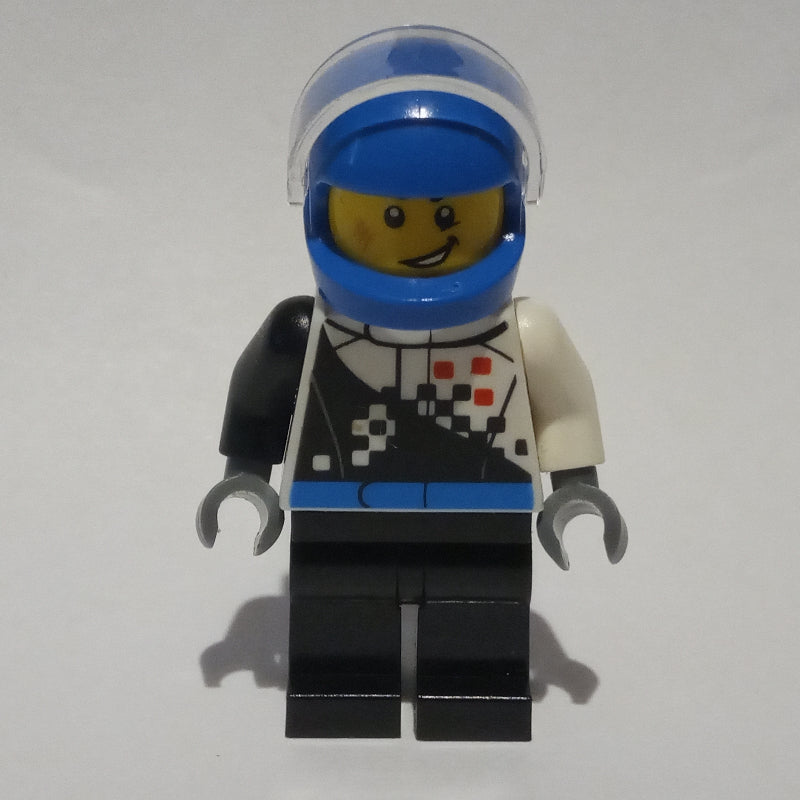 fig-001548 – Racer, Black and White Jumpsuit, Blue Helmet with Visor, Scar