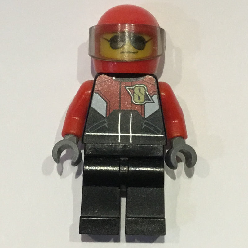 fig-001561 – Pilot, Red, Black, and White Jumpsuit, Red Helmet with Visor, Sunglasses