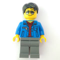 fig-001564 – Man, Open Blue Jacket over Dark Red Shirt, Light Bluish Gray Legs, Black Hair, Sunglasses