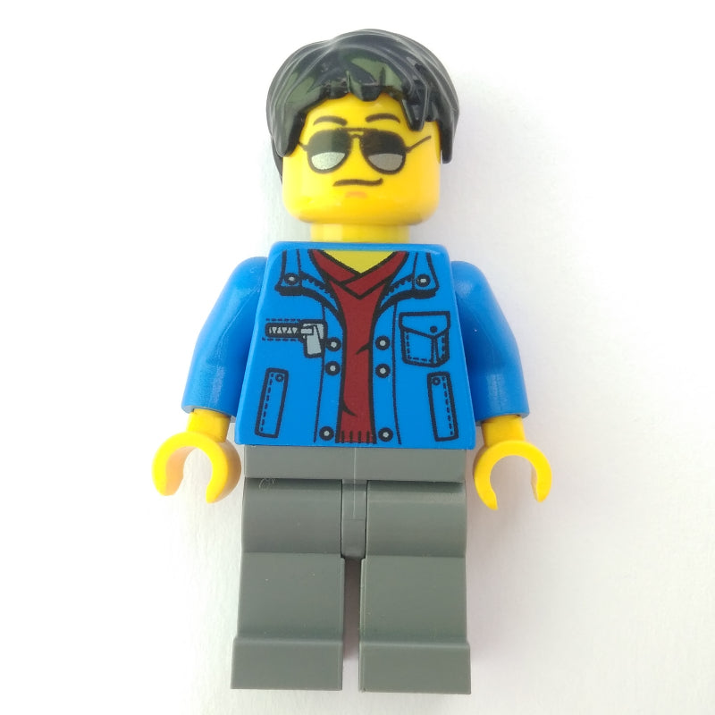 fig-001564 – Man, Open Blue Jacket over Dark Red Shirt, Light Bluish Gray Legs, Black Hair, Sunglasses
