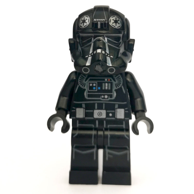 fig-001579 – TIE Pilot, Printed Legs, Two Silver Stripes on Helmet, Silver Belt Pouches, Open Mouth