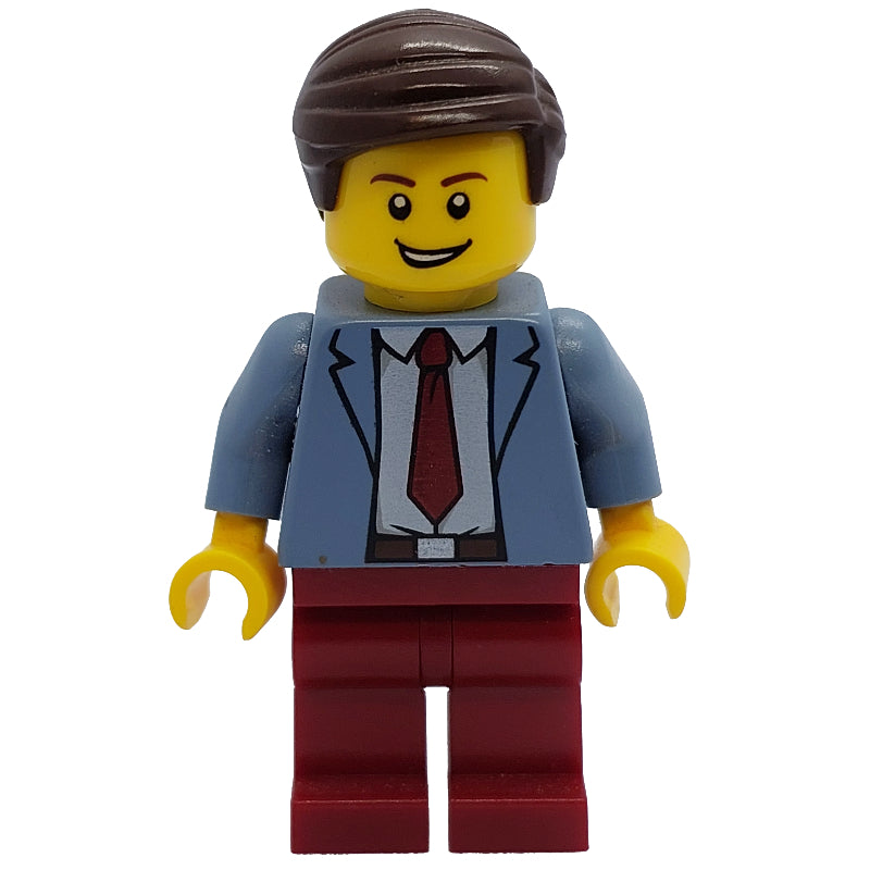 fig-001597 – Man, Sand Blue Jacket, Dark Red Tie and Legs