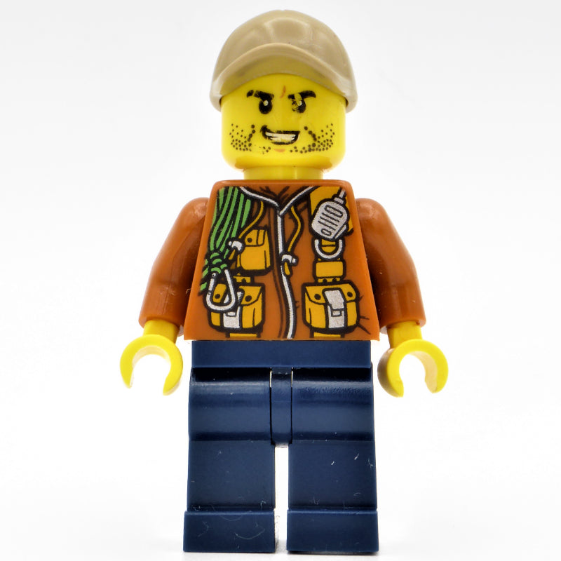 fig-001621 – Explorer, Jacket with Pouches, Radio, and Rope, Dark Tan Cap, Stubble and Clenched Teeth