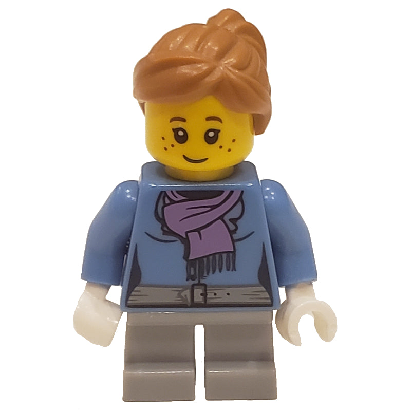 fig-001653 – Girl, Medium Blue Jacket with Medium Lavender Scarf, Short Light Bluish Gray Legs
