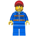 fig-001657 – Construction Worker, Blue Jacket with Orange Stripes, Blue Legs, Red Cap, Stubble