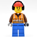 fig-001664 – Construction Worker, Orange Safety Vest with Zipper over Reddish Brown Shirt, Dark Tan Legs, Red Hard Hat with Ear Defenders, Stubble