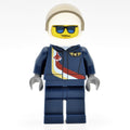 fig-001676 – Pilot, Dark Blue Jumpsuit with Plane and Wings Badge, White Helmet with Visor, Blue Sunglasses