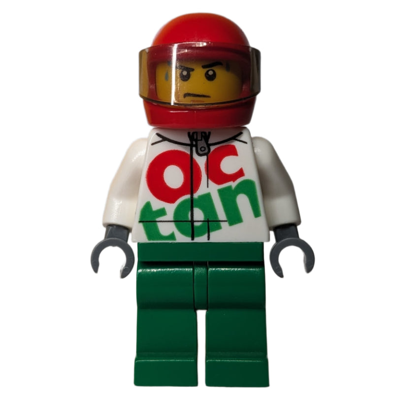 fig-001677 – Racer, White and Green Jumpsuit with Large 'Octan', Red Helmet with Visor, Sweat Beads