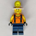 fig-001678 – Miner, Orange Vest with Suspenders, Mining Hat, Stubble and Scar