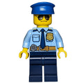 fig-001682 – Policeman, Bright Light Blue Shirt with Dark Blue Tie, Badge, and Radio on Belt, Dark Blue Legs, Blue Hat, Sunglasses