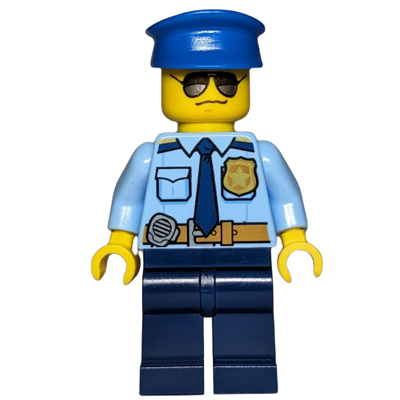 fig-001682 – Policeman, Bright Light Blue Shirt with Dark Blue Tie, Badge, and Radio on Belt, Dark Blue Legs, Blue Hat, Sunglasses