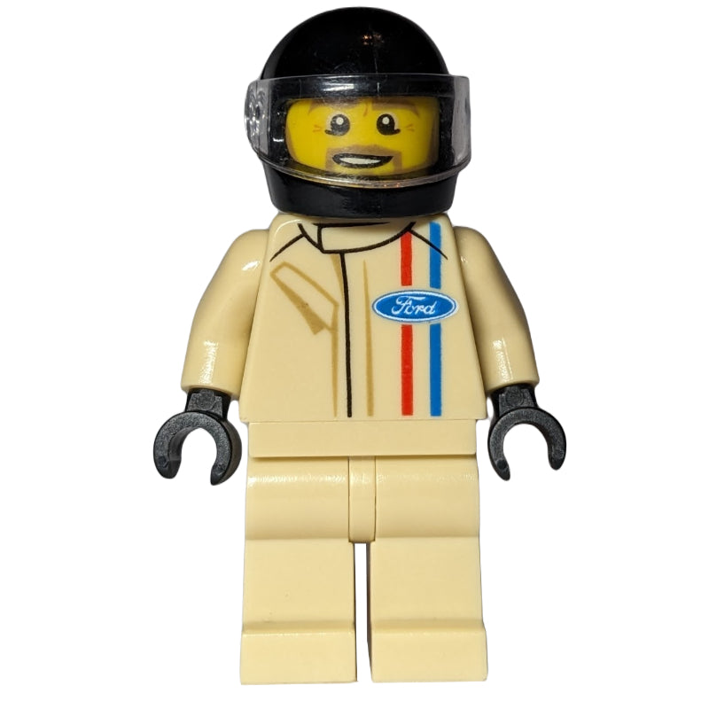 fig-001726 – Race Driver, Tan Torso, Tan Legs, Black Helmet, Ford