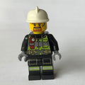 fig-001729 – Fireman, Black Fire Suit with Gauge and Straps, White Helmet, Goatee Beard