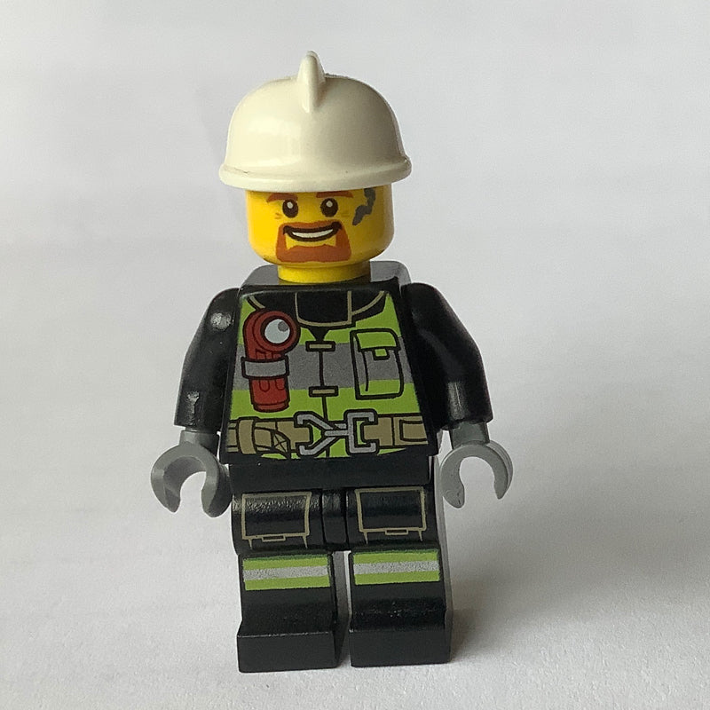 fig-001729 – Fireman, Black Fire Suit with Gauge and Straps, White Helmet, Goatee Beard