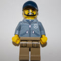 fig-001730 – Policeman, Sand Blue Jacket with Pockets and 'POLICE' on Back, Dark Blue Cap, Beard