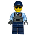 fig-001733 – Policeman, Dark Bluish Gray Vest with Radio, Badge, and 'POLICE' on Back over Medium Blue Shirt, Dark Blue Cap, Sunglasses