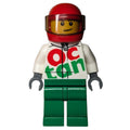 fig-001792 – Racer, White and Green Jumpsuit with Large 'Octan', Red Helmet with Visor