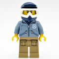 fig-001847 – Policeman, Sand Blue Jacket with Pockets and 'POLICE' on Back, Dark Blue Dirt Bike Helmet with Goggles