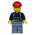 fig-001873 – Construction Worker, Dark Blue Shirt with Harness, Red Hard Hat, Sweat Drops