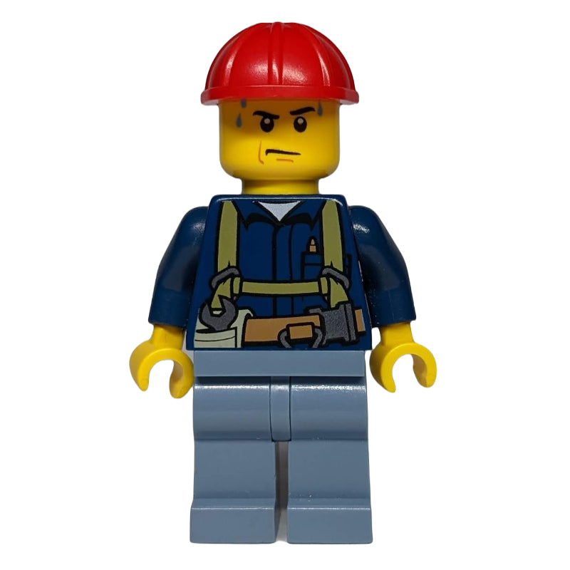 fig-001873 – Construction Worker, Dark Blue Shirt with Harness, Red Hard Hat, Sweat Drops