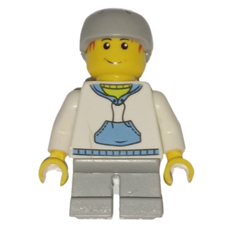 fig-001879 – Boy, White and Blue Hoodie, Short Light Bluish Gray Legs, Light Bluish Gray Helmet