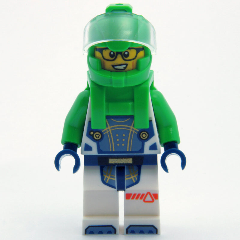 fig-001884 – Astronaut, White Spacesuit, Bright Green Backpack and Helmet, Glasses