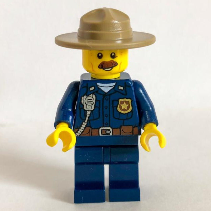 fig-001890 – Mountain Police Chief, Dark Blue Shirt with Radio and Badge, Campaign Hat, Moustache