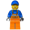 fig-001894 – Construction Worker, Orange Overalls over Blue Sweater, Blue Cap, Dark Tan Beard