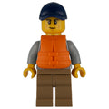 fig-001925 – Man, Light Bluish Gray Hoodie over Dark Red Shirt, Dark Tan Legs, Dark Blue Cap, Orange Life Vest