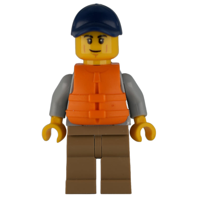 fig-001925 – Man, Light Bluish Gray Hoodie over Dark Red Shirt, Dark Tan Legs, Dark Blue Cap, Orange Life Vest