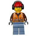 fig-001934 – Construction Worker, Orange Safety Vest with Zipper over Reddish Brown Shirt, Sand Blue Legs, Red Hard Hat with Ear Defenders, Stubble