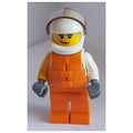 fig-001952 – Racer, Woman, White and Orange Jumpsuit with 'VITA RUSH', White Helmet with Visor, Orange Life Vest