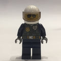 fig-001978 – Policeman, Dark Bluish Gray Vest with Radio and Badge over Dark Blue Shirt, White Helmet with Visor, Sunglasses