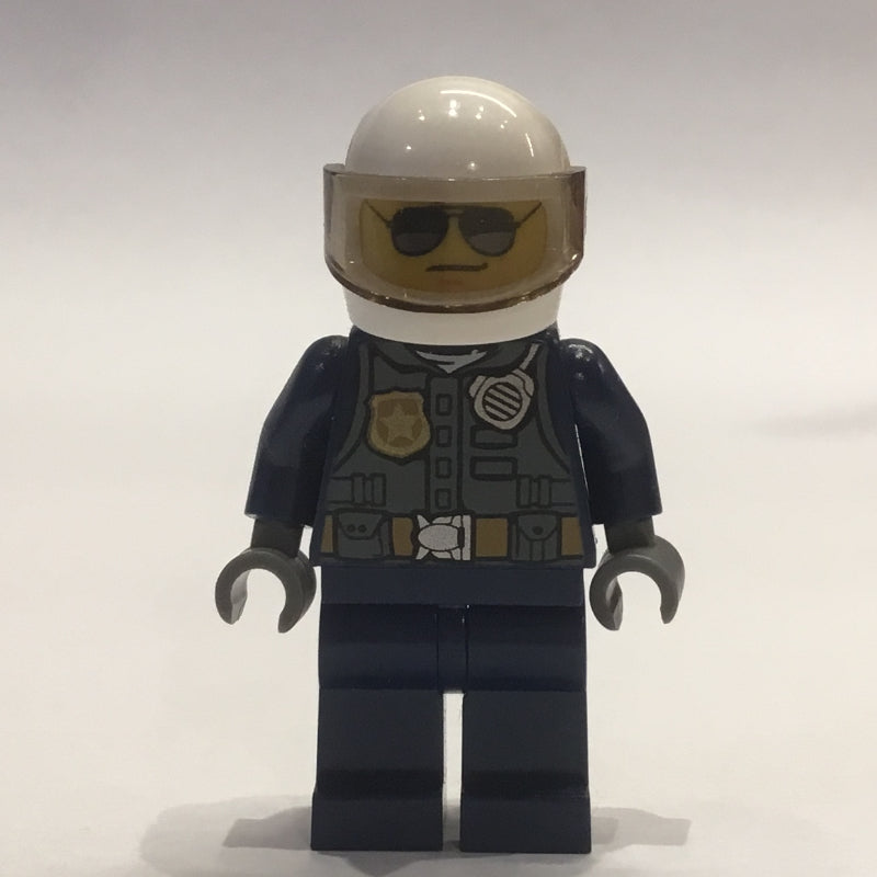 fig-001978 – Policeman, Dark Bluish Gray Vest with Radio and Badge over Dark Blue Shirt, White Helmet with Visor, Sunglasses