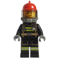 fig-001982 – Fireman, Black Fire Suit with Gauge and Straps, Red Helmet, Breathing Apparatus, Airtanks, Stubble and Scar