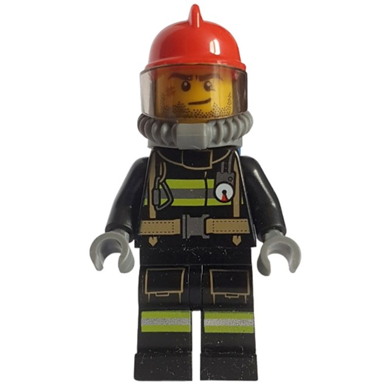 fig-001982 – Fireman, Black Fire Suit with Gauge and Straps, Red Helmet, Breathing Apparatus, Airtanks, Stubble and Scar