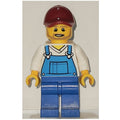 fig-001989 – Man, Blue Overalls over White V-Neck Shirt, Dark Red Cap, Beard