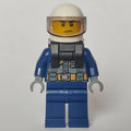 fig-002021 – Policeman, Dark Bluish Gray Vest with Radio and Badge over Dark Blue Shirt, White Helmet with Visor, Neck Bracket