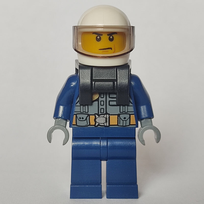 fig-002021 – Policeman, Dark Bluish Gray Vest with Radio and Badge over Dark Blue Shirt, White Helmet with Visor, Neck Bracket