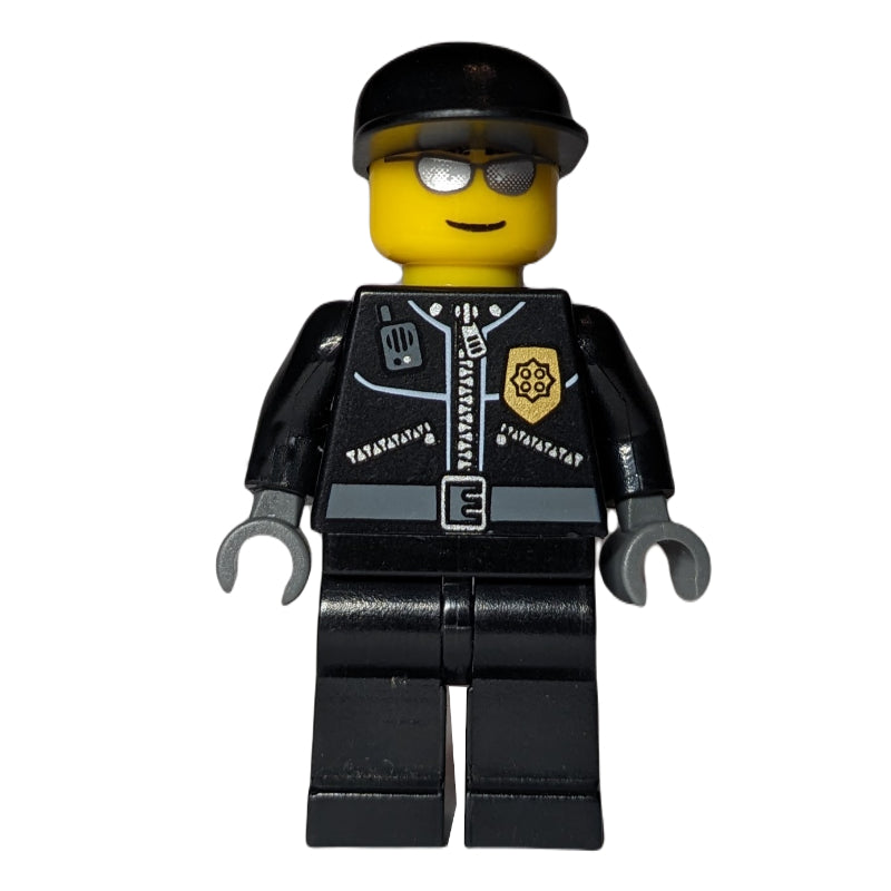 fig-002038 – Policeman, Black Jacket with Pocket and Badge, Black Cap, Silver Sunglasses Print