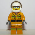 fig-002043 – Firewoman, Bright Light Orange Fire Suit, White Helmet with Visor, Light Blue Sunglasses