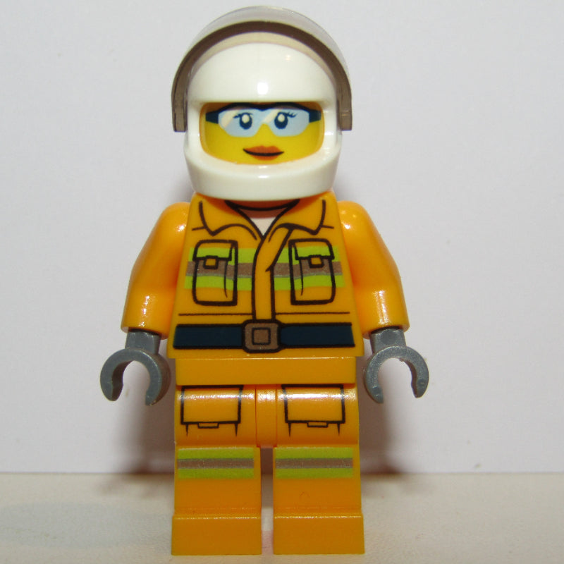 fig-002043 – Firewoman, Bright Light Orange Fire Suit, White Helmet with Visor, Light Blue Sunglasses