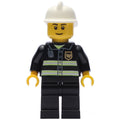 fig-002051 – Fireman, Black Fire Jacket with Reflective Stripes, Radio, and Badge, White Helmet