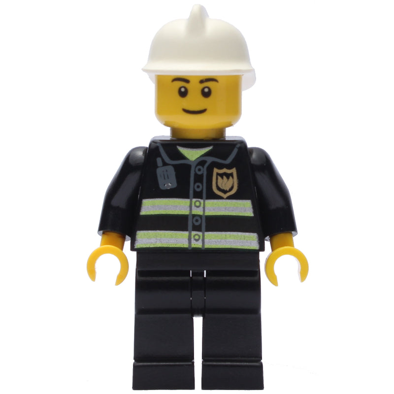 fig-002051 – Fireman, Black Fire Jacket with Reflective Stripes, Radio, and Badge, White Helmet