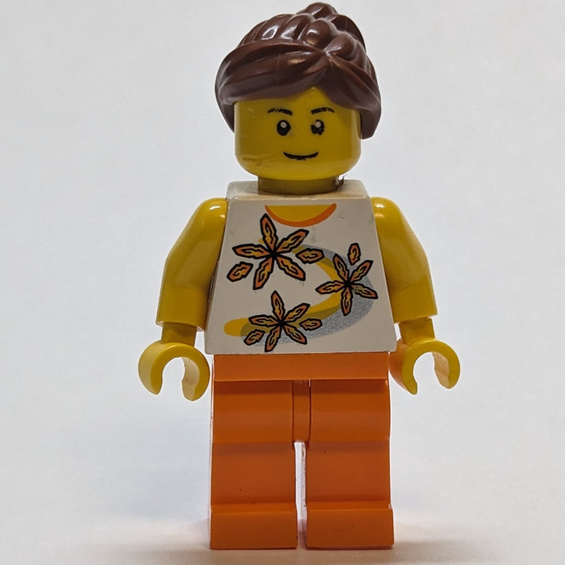 fig-002052 – White Torso with Flowers, Orange Leg, Dark Brown Ponytail