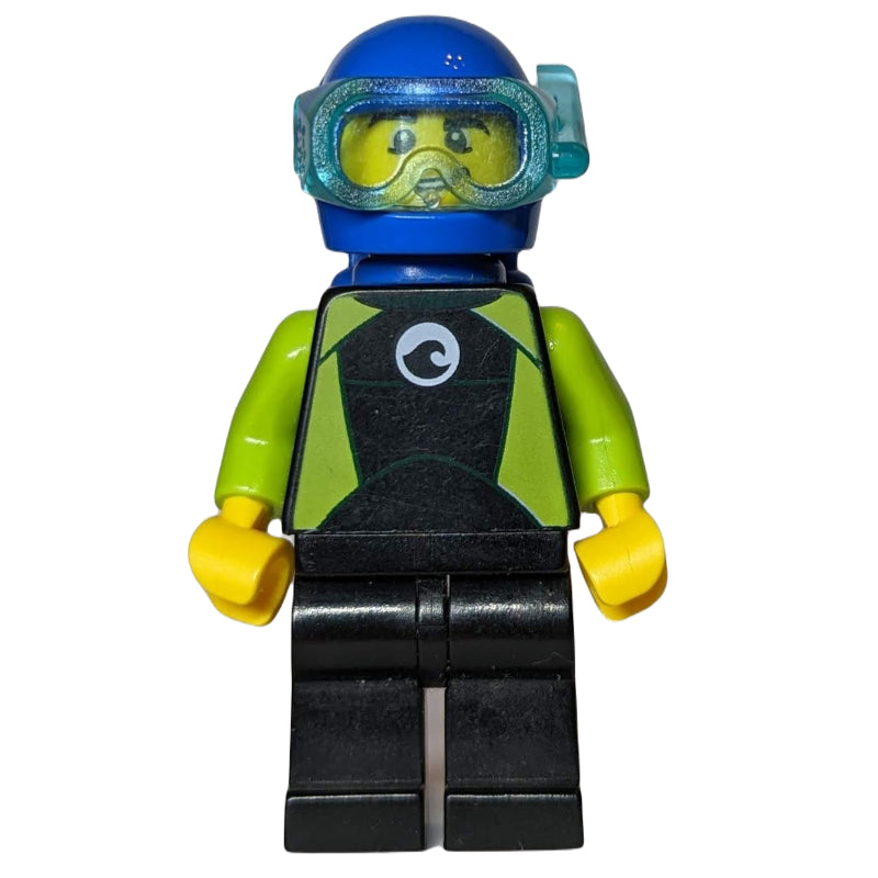 fig-002061 – Diver, Man, Black and Lime Wetsuit, Blue Helmet and Mask