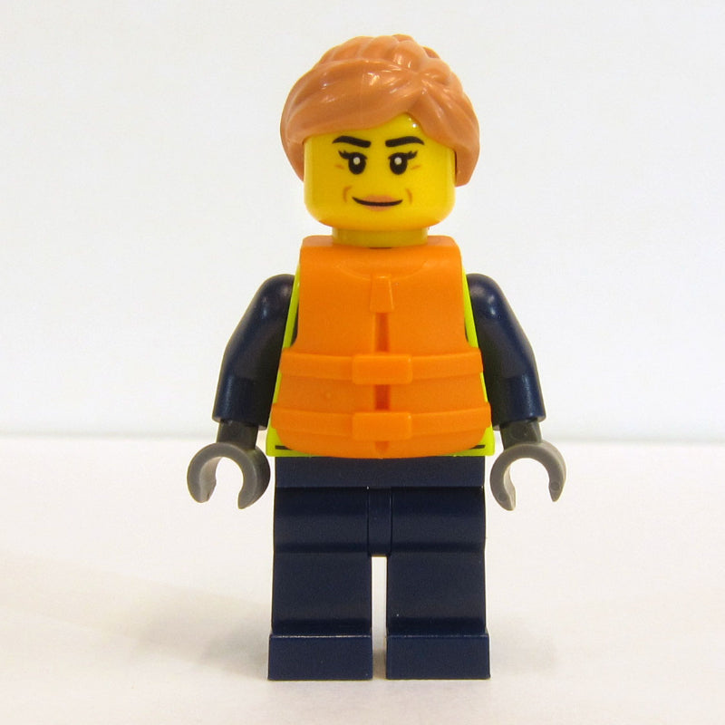 fig-002090 – Police Officer, Vibrant Yellow Police Vest, Orange Life Jacket, Nougat Hair