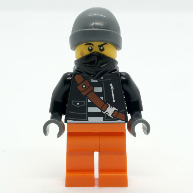 fig-002092 – Crook, Black Jacket, Orange Legs, Black Bandana, Dark Bluish Gray Hat
