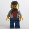 fig-002095 – Man, Light Bluish Gray Hoodie over Dark Red Shirt, Dark Blue Legs, Black Helmet with Visor