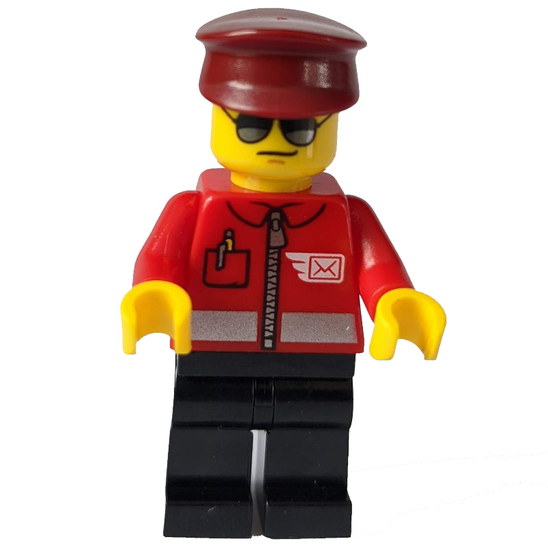 fig-002115 – Postal Worker, Red Jacket with Winged Letter Logo, Black Legs, Dark Red Hat, Sunglasses